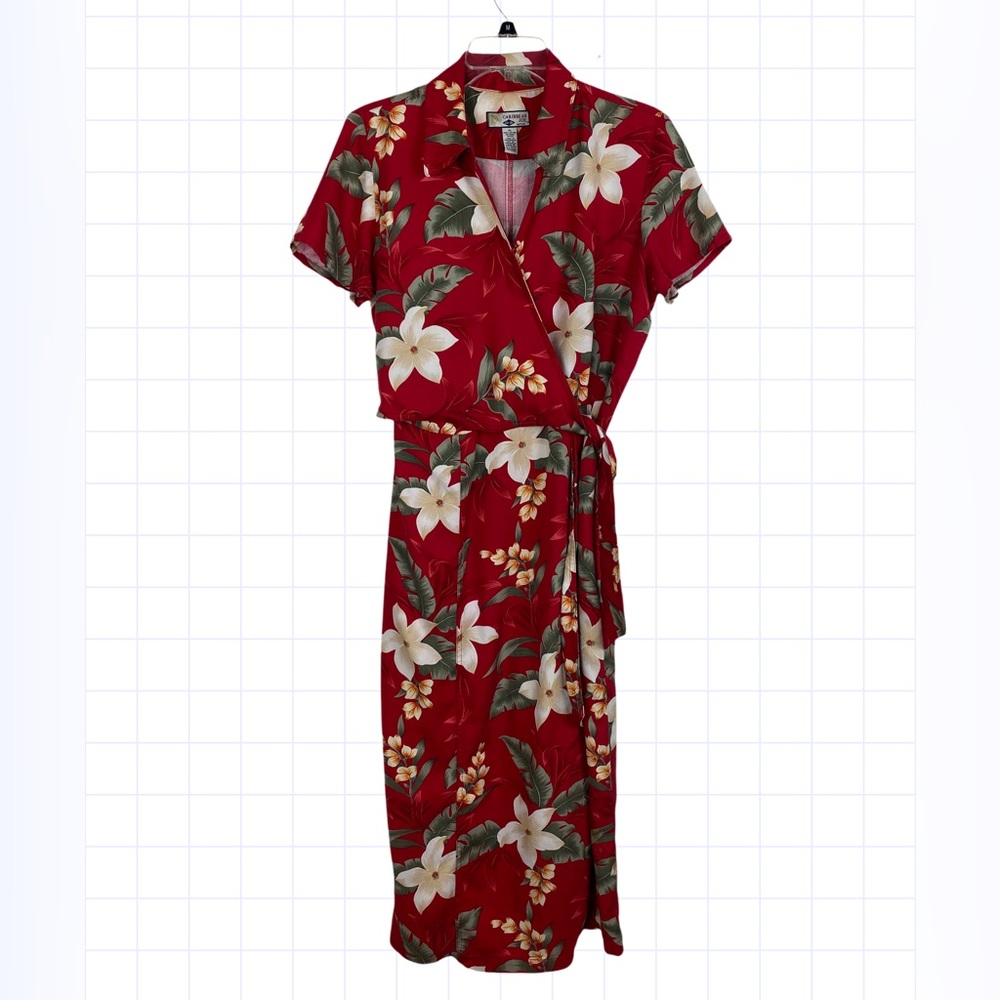 Caribbean Joe, red tropical floral short sleeve dress with side tie, size PL